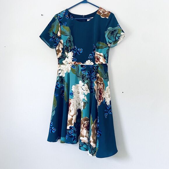 Anthropologie Corey Lynn Calter Dress 6 Green Blue Floral Short Sleeve Preppy - Picture 2 of 7